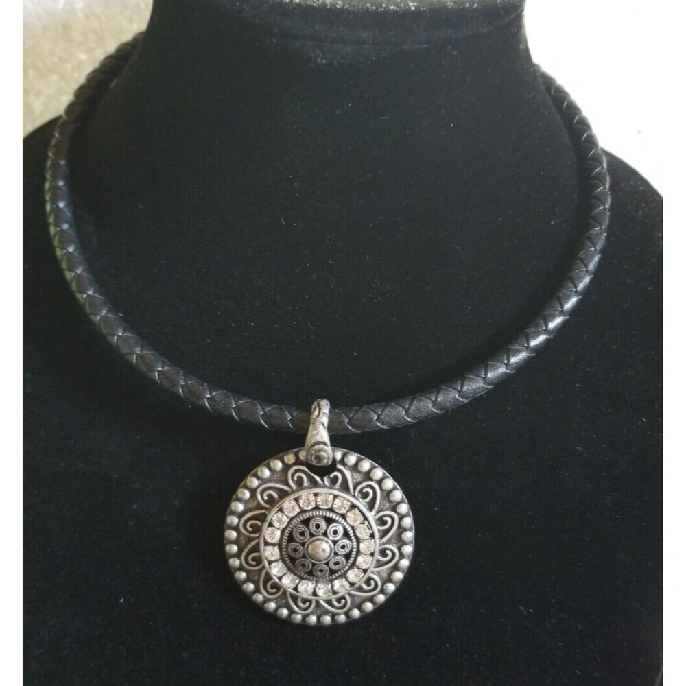 Chico's Necklace Choker Medallion Black Leather Twist Silver Tone Aztec BOHO